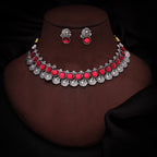 Tehzeeb Creations Silver Plated Pink Colour Stone Jewellery Choker Necklace Set With Matching Pair of Stud Earrings | Grocsy