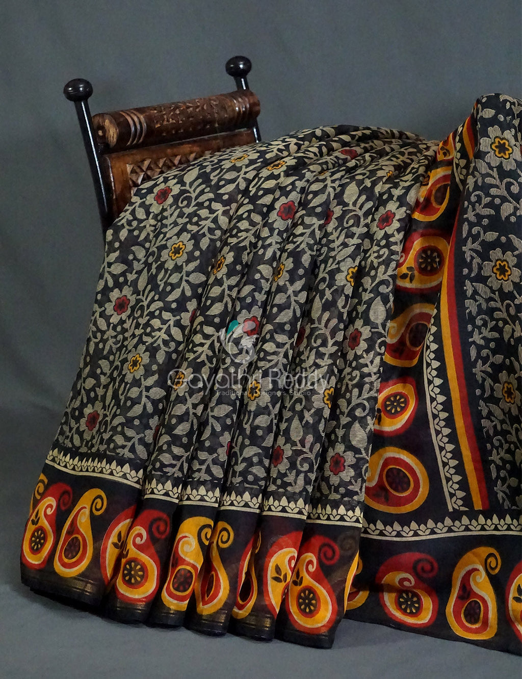 Black Coloured Floral Print Semi Chanderi Saree By Gayathri Reddy Designer Studio | Grocsy