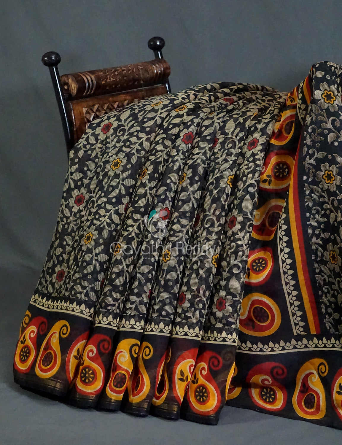 Black Coloured Floral Print Semi Chanderi Saree By Gayathri Reddy Designer Studio | Grocsy