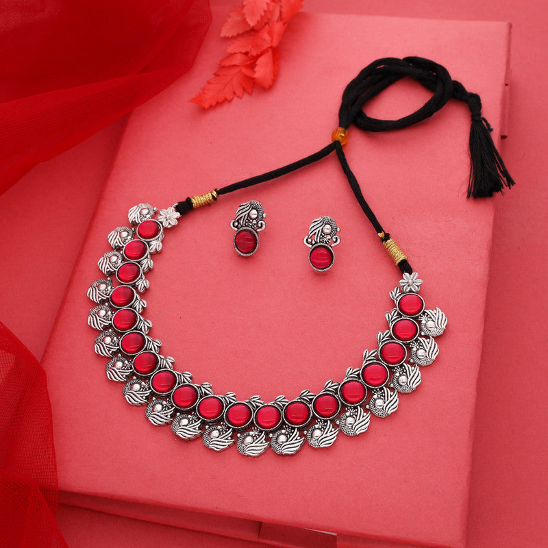 Tehzeeb Creations Silver Plated Pink Colour Stone Jewellery Choker Necklace Set With Matching Pair of Stud Earrings | Grocsy
