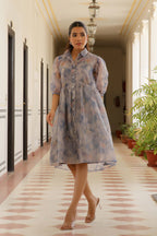 Vaasva Women Sky Blue Organza Marble Printed Dress | Grocsy