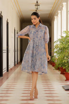 Vaasva Women Sky Blue Organza Marble Printed Dress | Grocsy