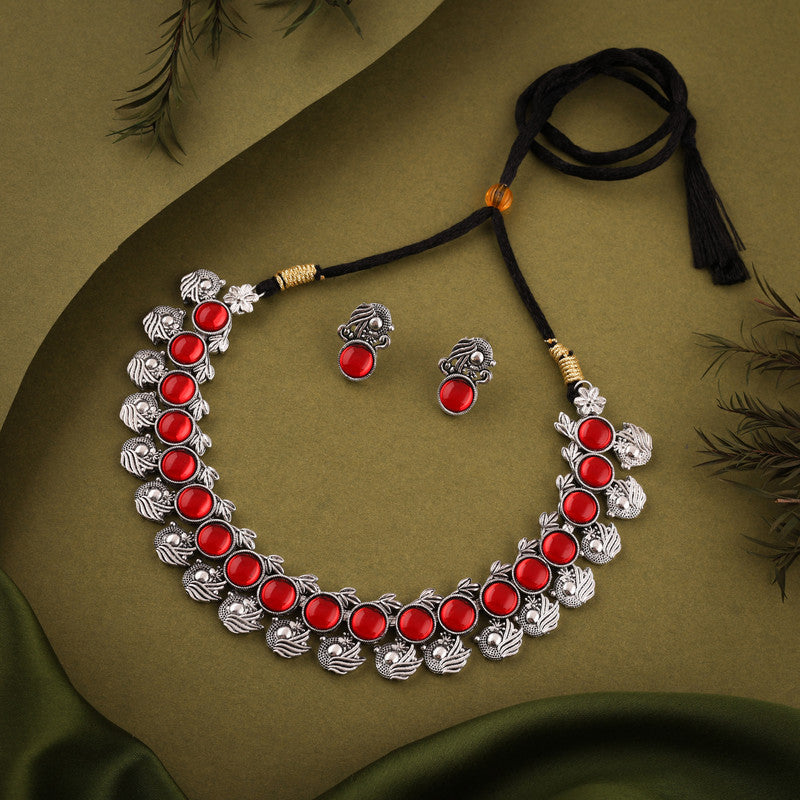 Tehzeeb Creations Silver Plated Red Colour Stone Jewellery Choker Necklace Set With Matching Pair of Stud Earrings | Grocsy