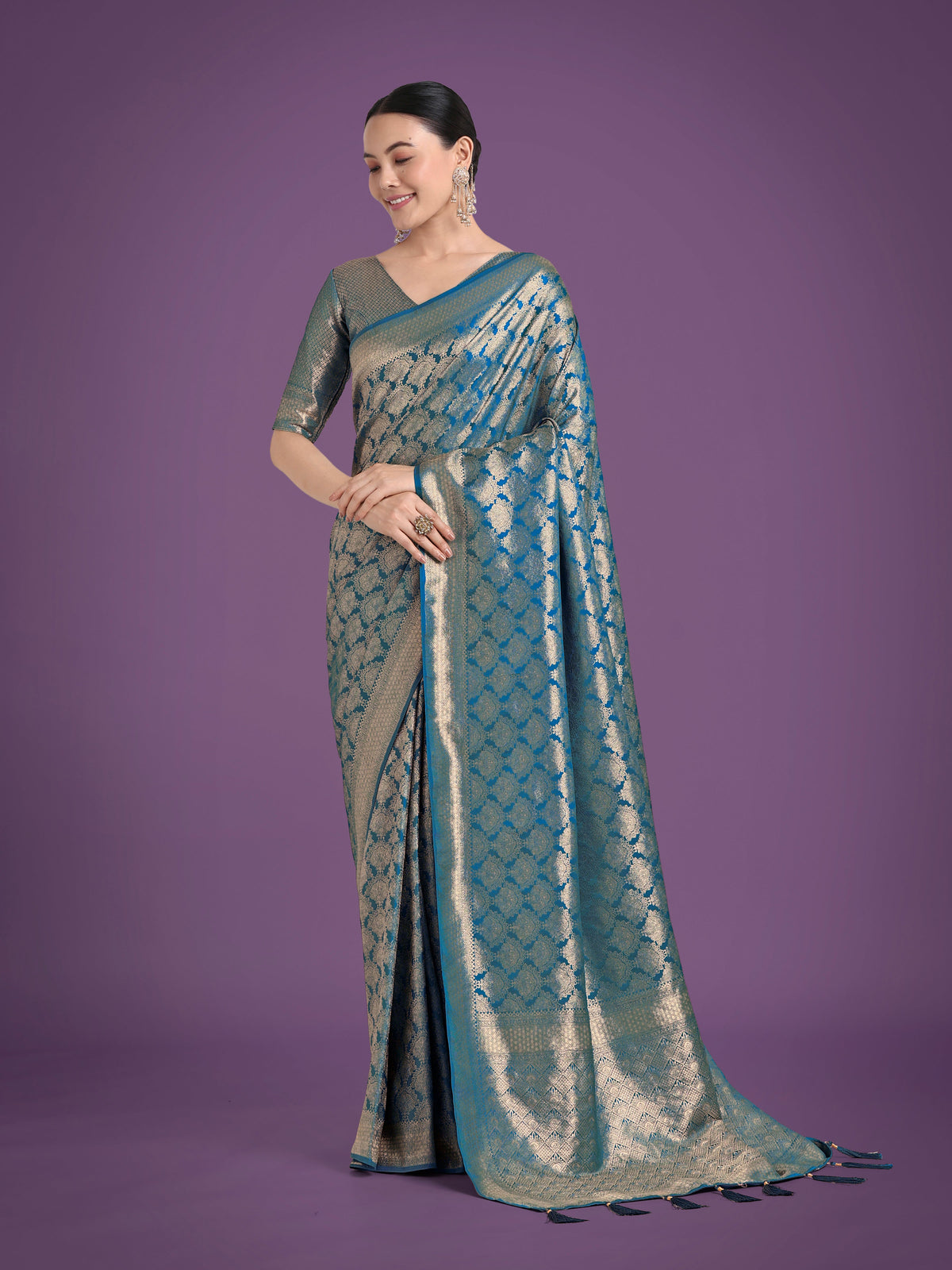 Monjolika Fashion Flattering Cyan blue Banarasi Satin Silk Zari Weaving Work Designer Saree | Grocsy