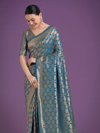 Monjolika Fashion Flattering Cyan blue Banarasi Satin Silk Zari Weaving Work Designer Saree | Grocsy