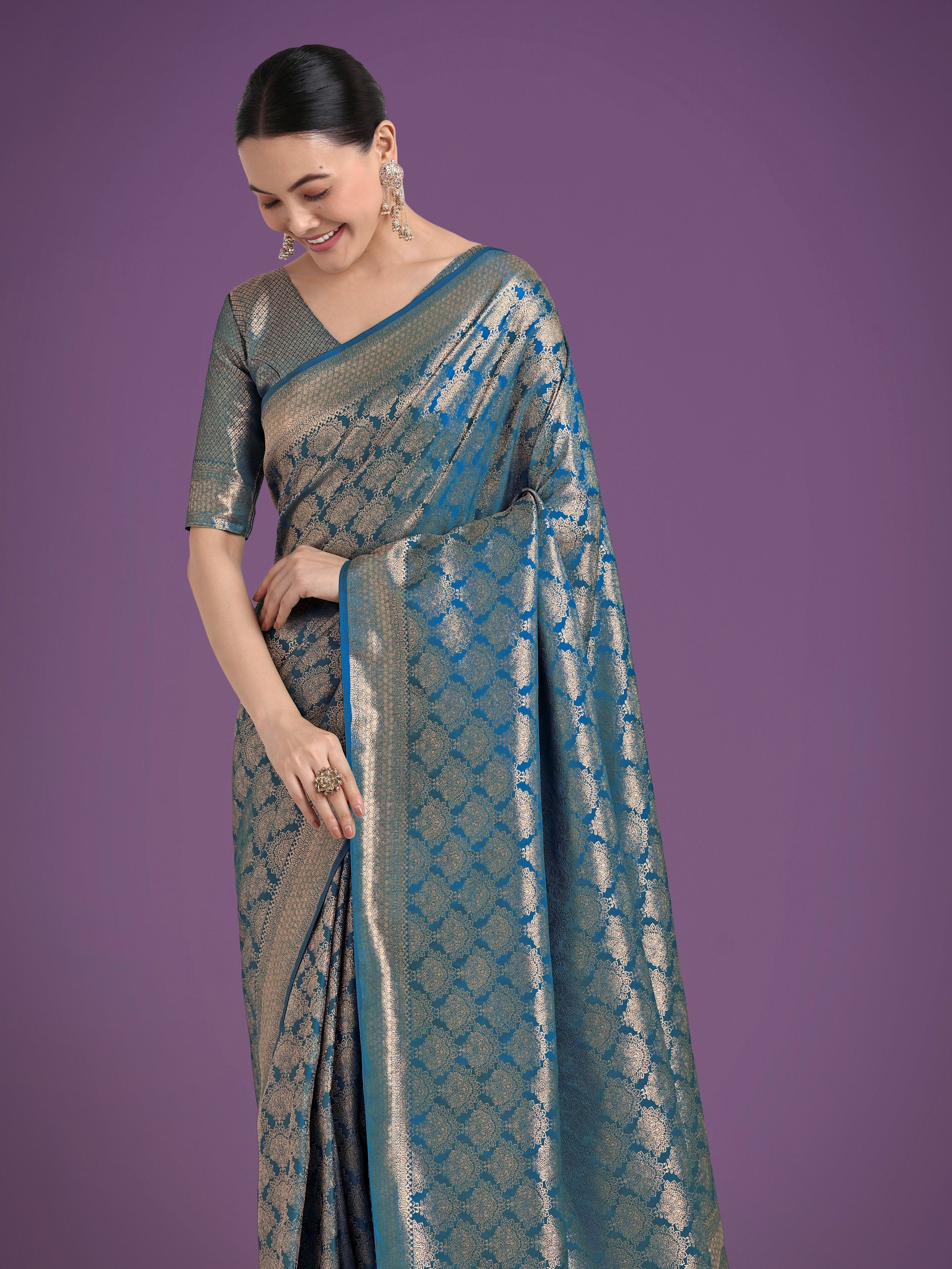 Monjolika Fashion Flattering Cyan blue Banarasi Satin Silk Zari Weaving Work Designer Saree | Grocsy