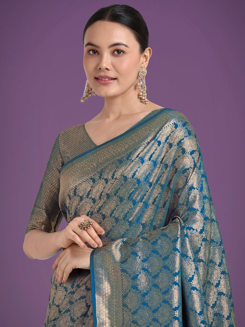 Monjolika Fashion Flattering Cyan blue Banarasi Satin Silk Zari Weaving Work Designer Saree | Grocsy