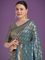 Monjolika Fashion Flattering Cyan blue Banarasi Satin Silk Zari Weaving Work Designer Saree | Grocsy