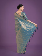 Monjolika Fashion Flattering Cyan blue Banarasi Satin Silk Zari Weaving Work Designer Saree | Grocsy