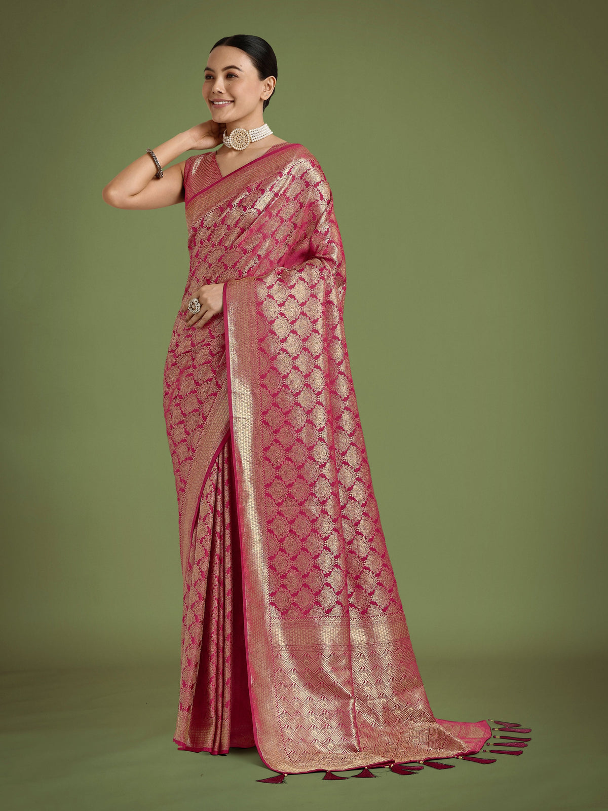 Monjolika Fashion Flattering Dark Pink Banarasi Satin Silk Zari Weaving Work Designer Saree | Grocsy