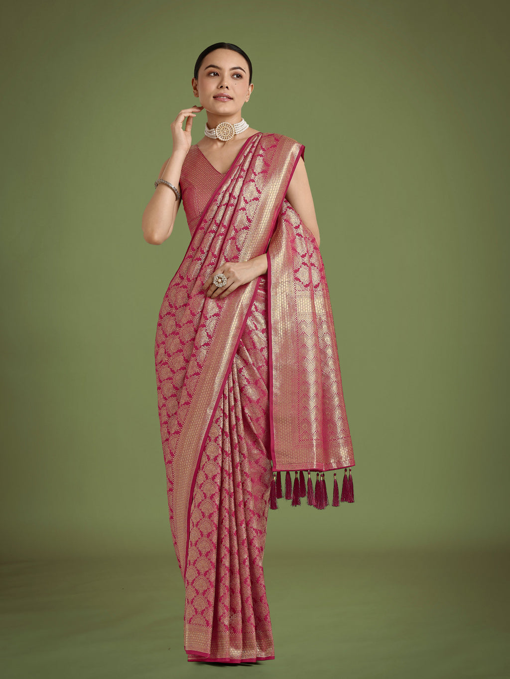Monjolika Fashion Flattering Dark Pink Banarasi Satin Silk Zari Weaving Work Designer Saree | Grocsy