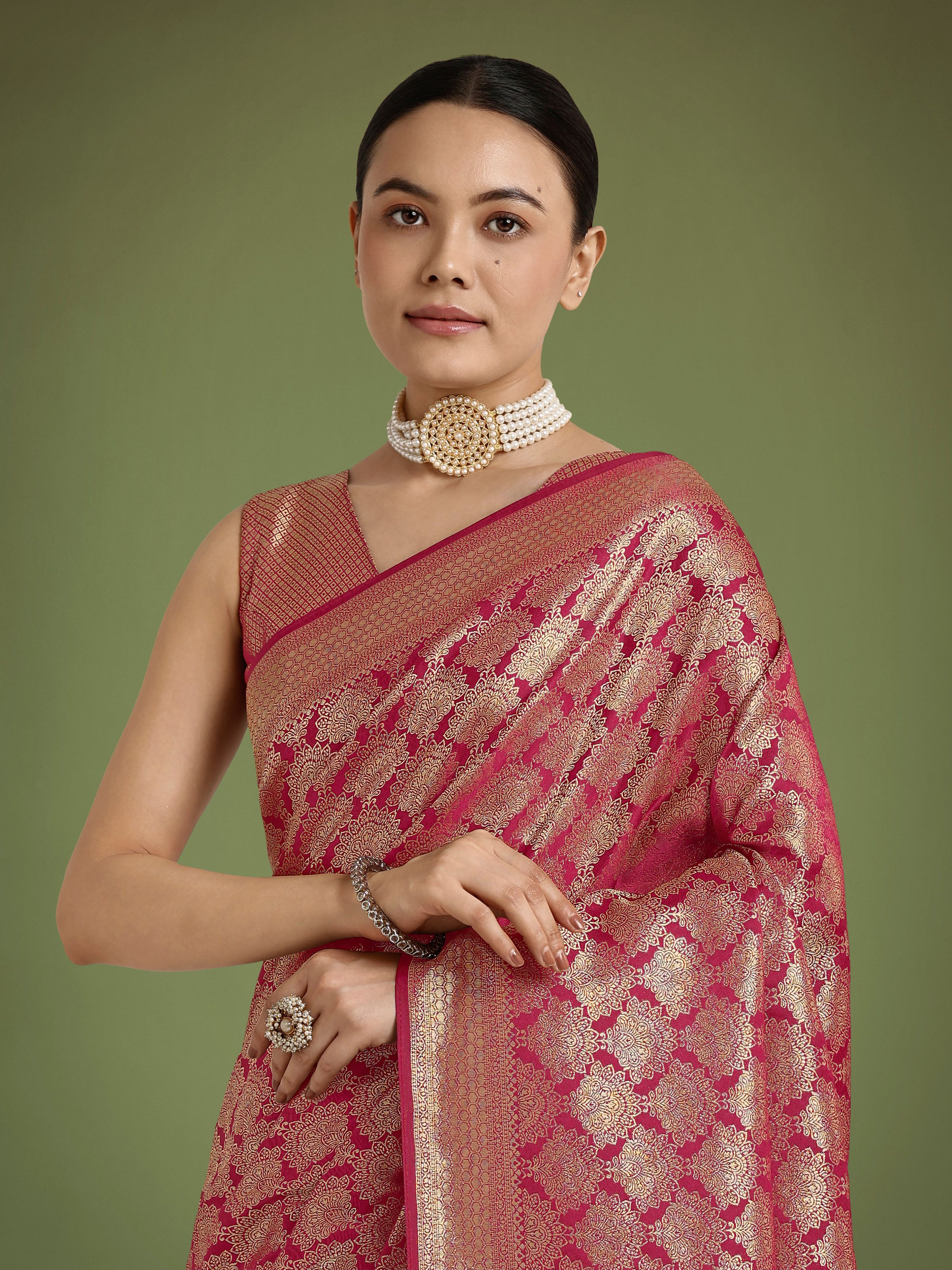 Monjolika Fashion Flattering Dark Pink Banarasi Satin Silk Zari Weaving Work Designer Saree | Grocsy