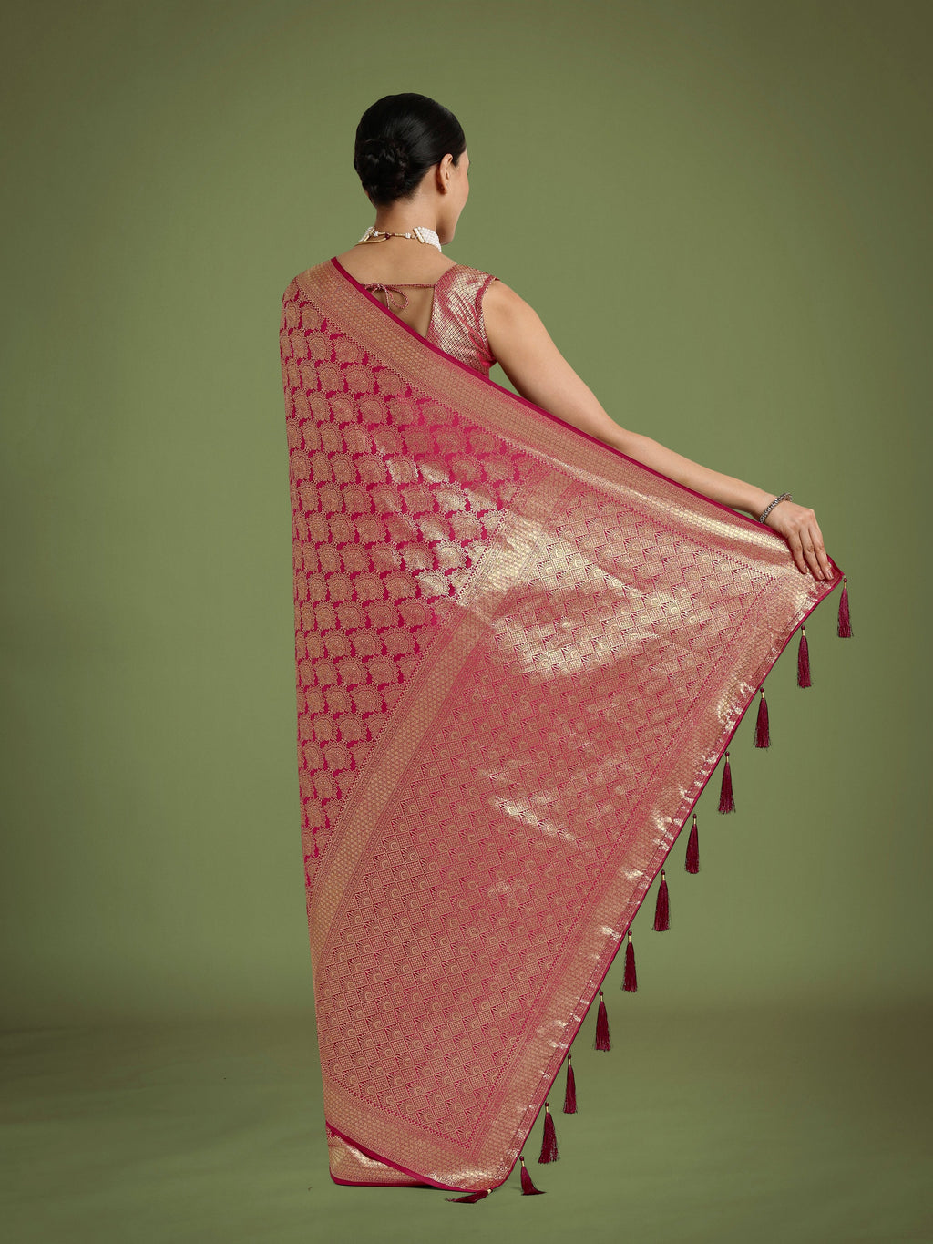 Monjolika Fashion Flattering Dark Pink Banarasi Satin Silk Zari Weaving Work Designer Saree | Grocsy