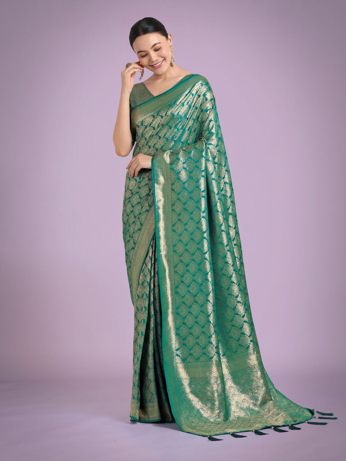 Monjolika Fashion Flattering Turquoise Banarasi Satin Silk Zari Weaving Work Designer Saree | Grocsy