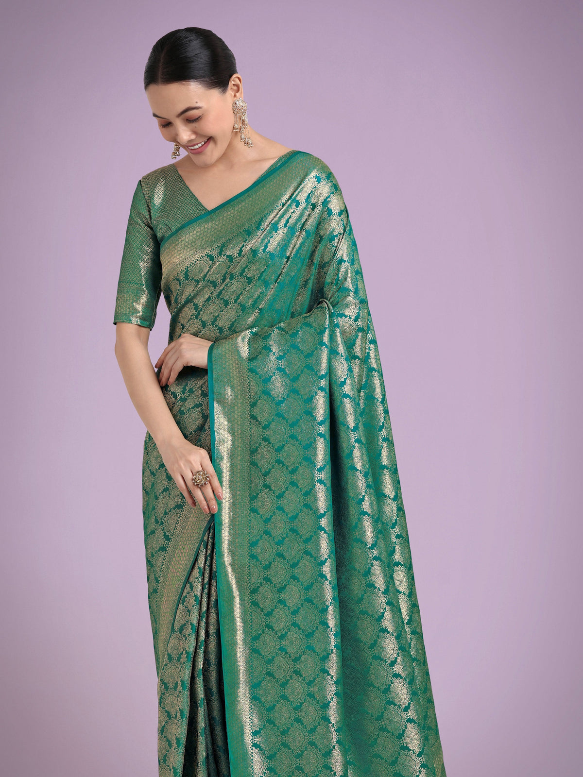 Monjolika Fashion Flattering Turquoise Banarasi Satin Silk Zari Weaving Work Designer Saree | Grocsy