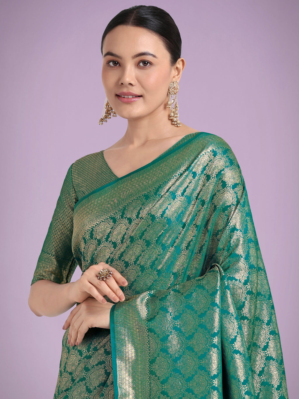 Monjolika Fashion Flattering Turquoise Banarasi Satin Silk Zari Weaving Work Designer Saree | Grocsy