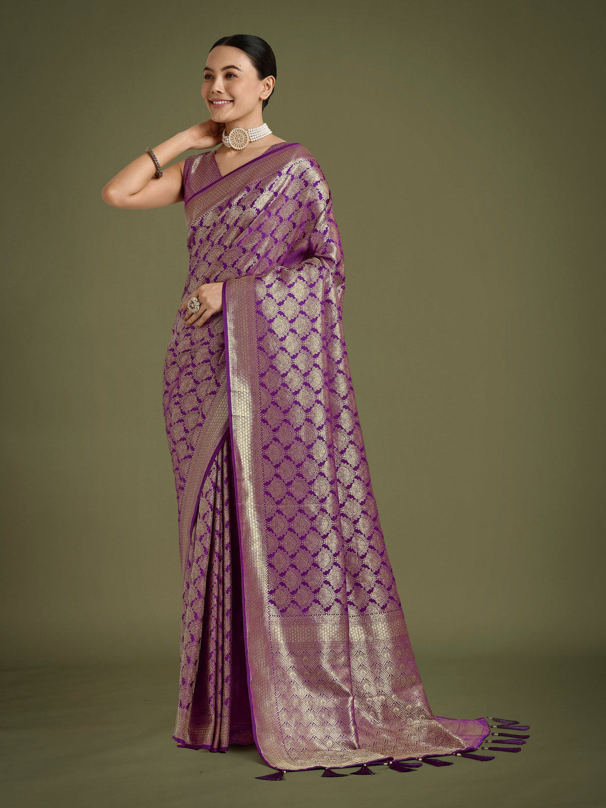 Monjolika Fashion Flattering Purple Banarasi Satin Silk Zari Weaving Work Designer Saree | Grocsy