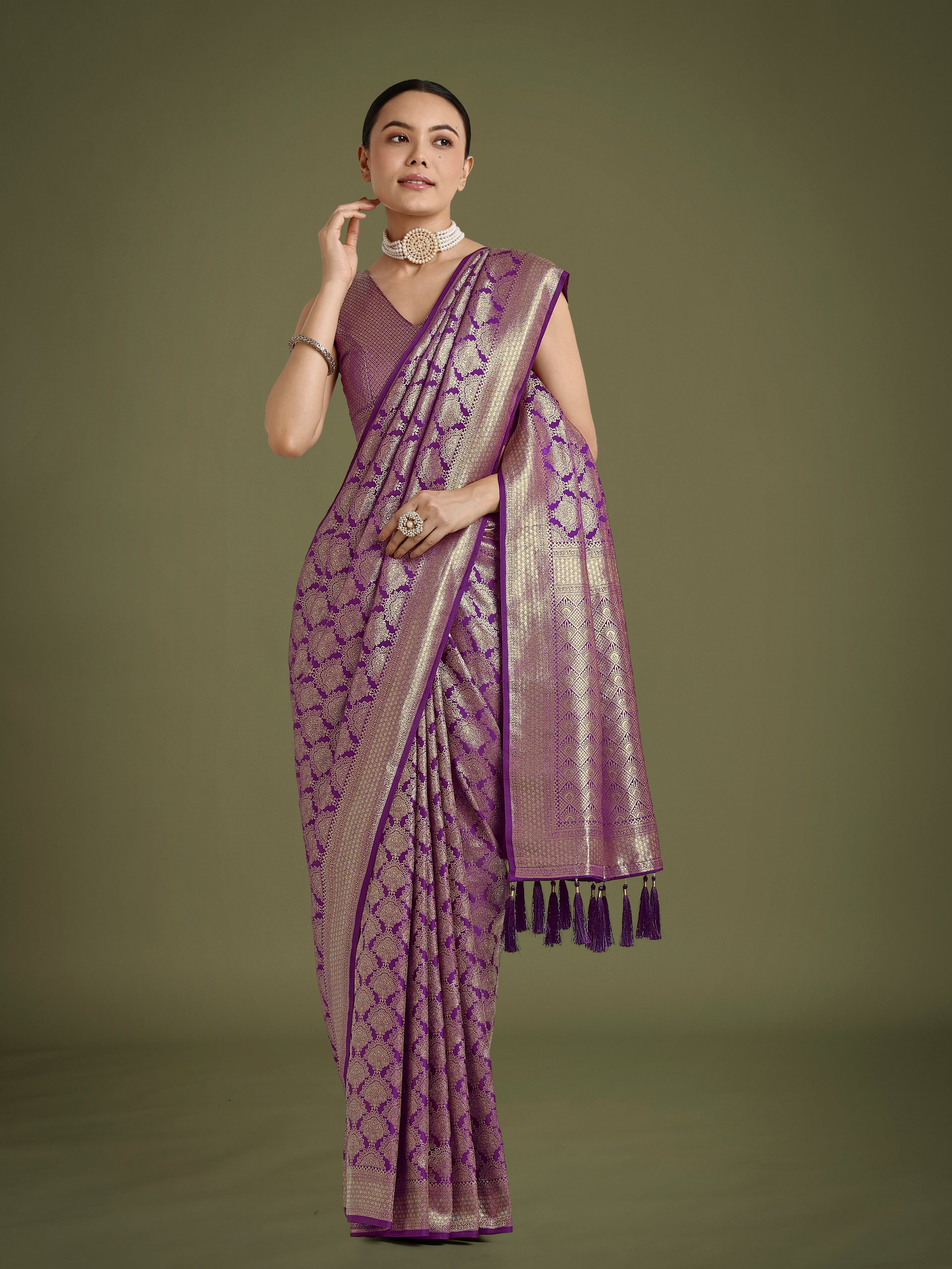 Monjolika Fashion Flattering Purple Banarasi Satin Silk Zari Weaving Work Designer Saree | Grocsy