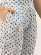 HERE&NOW Women Blue Floral Printed Pure Cotton Kurta with Trousers | Grocsy