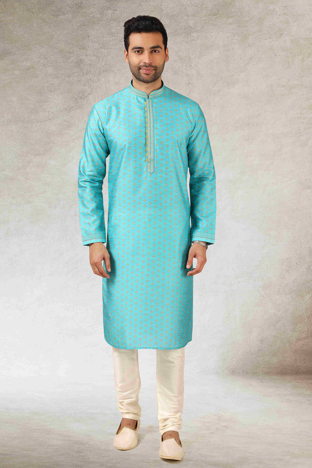 Raivat Ethnic Art Silk Printed Work Kurta Pajama In Sky Blue Colour | Grocsy