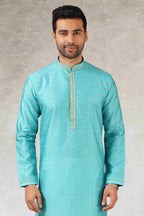 Raivat Ethnic Art Silk Printed Work Kurta Pajama In Sky Blue Colour | Grocsy