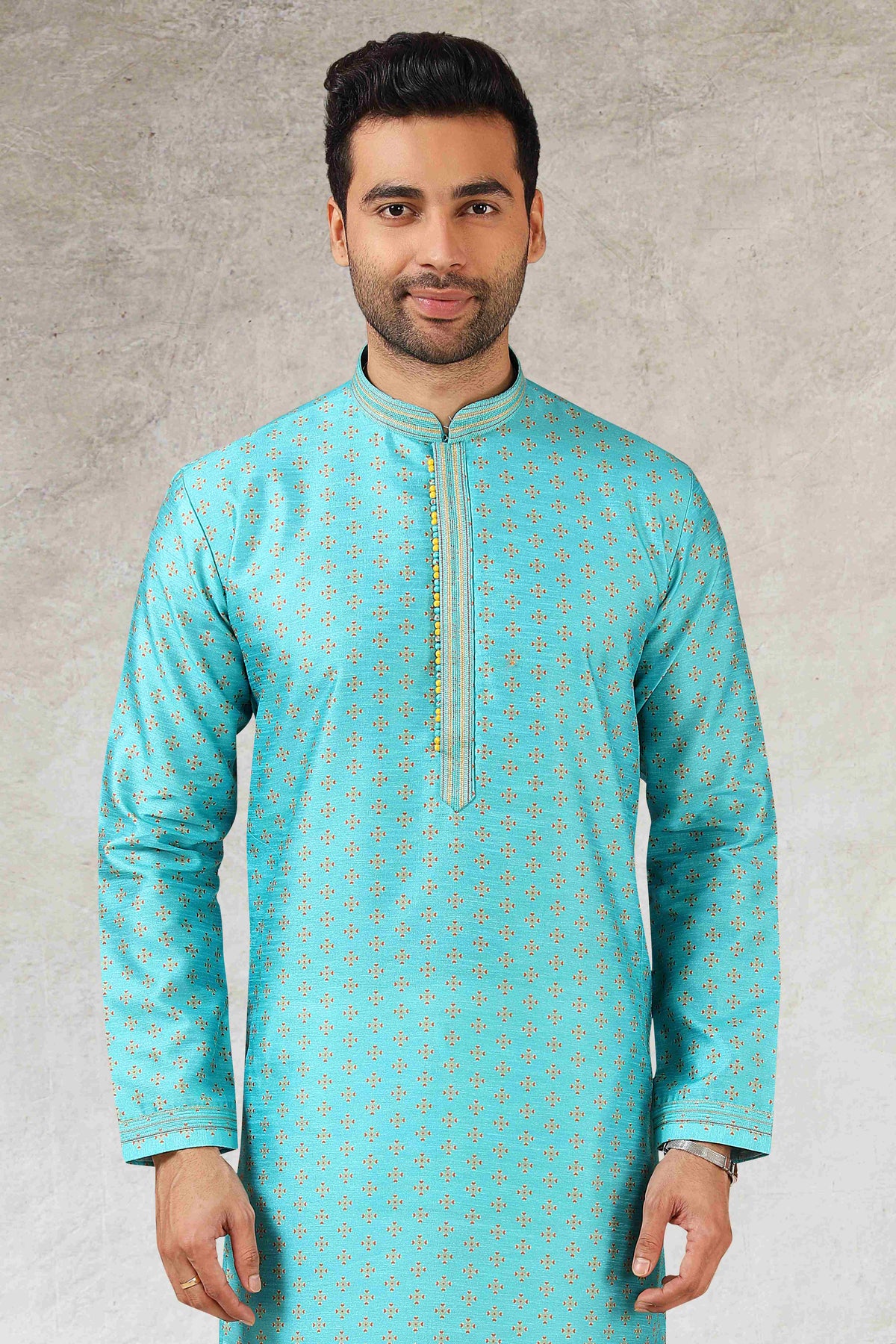 Raivat Ethnic Art Silk Printed Work Kurta Pajama In Sky Blue Colour | Grocsy