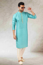 Raivat Ethnic Art Silk Printed Work Kurta Pajama In Sky Blue Colour | Grocsy