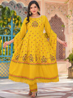 Sangria Yellow Floral Printed & Mirror Work Cotton Anarkali Kurta With Trouser & Dupatta | Grocsy