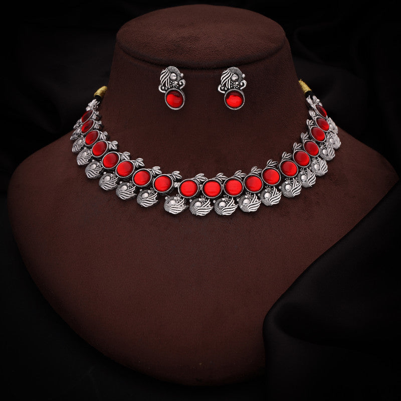 Tehzeeb Creations Silver Plated Red Colour Stone Jewellery Choker Necklace Set With Matching Pair of Stud Earrings | Grocsy