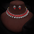 Tehzeeb Creations Silver Plated Red Colour Stone Jewellery Choker Necklace Set With Matching Pair of Stud Earrings | Grocsy