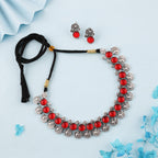Tehzeeb Creations Silver Plated Red Colour Stone Jewellery Choker Necklace Set With Matching Pair of Stud Earrings | Grocsy