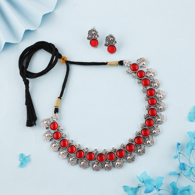 Tehzeeb Creations Silver Plated Red Colour Stone Jewellery Choker Necklace Set With Matching Pair of Stud Earrings | Grocsy