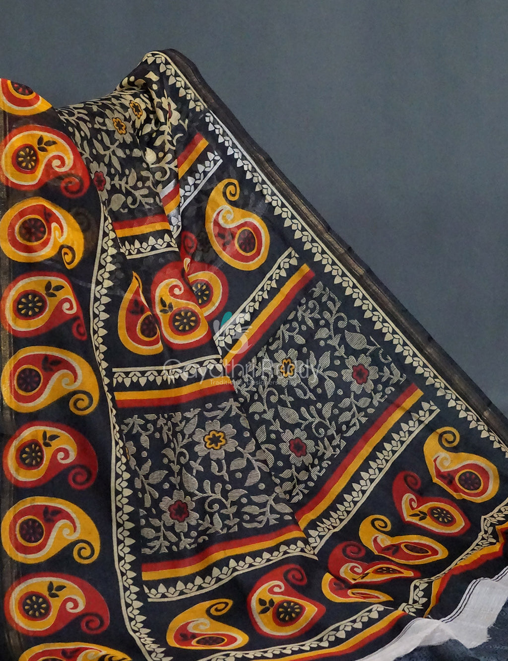 Black Coloured Floral Print Semi Chanderi Saree By Gayathri Reddy Designer Studio | Grocsy
