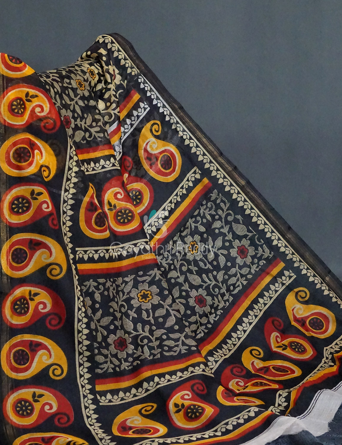 Black Coloured Floral Print Semi Chanderi Saree By Gayathri Reddy Designer Studio | Grocsy
