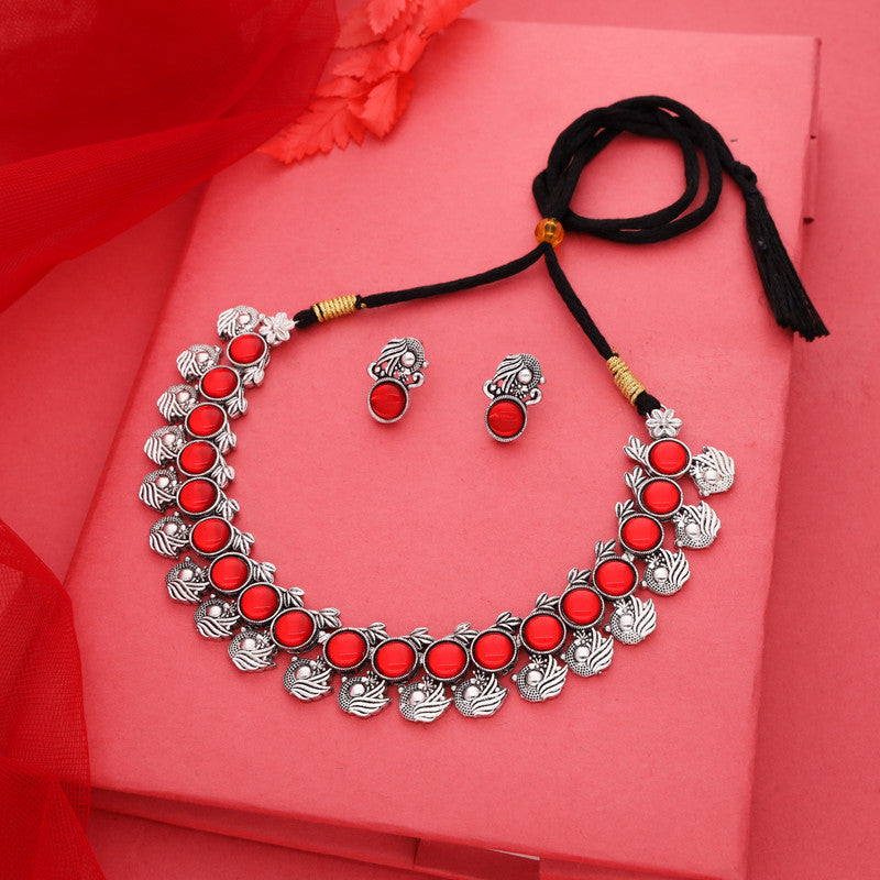 Tehzeeb Creations Silver Plated Red Colour Stone Jewellery Choker Necklace Set With Matching Pair of Stud Earrings | Grocsy