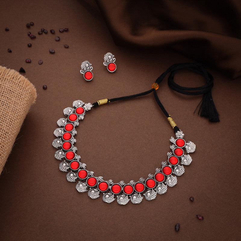 Tehzeeb Creations Silver Plated Red Colour Stone Jewellery Choker Necklace Set With Matching Pair of Stud Earrings | Grocsy