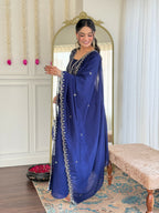 The52 Blue Women's Beautiful Embroidered Vichitra Silk Fabric with Flared Kurta, Pant and Dupatta Set | Grocsy