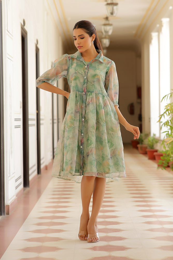 Vaasva Women Green Organza Marble Printed Dress | Grocsy