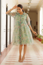 Vaasva Women Green Organza Marble Printed Dress | Grocsy