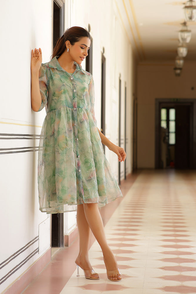 Vaasva Women Green Organza Marble Printed Dress | Grocsy
