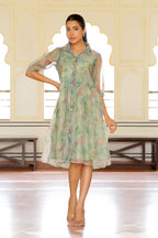 Vaasva Women Green Organza Marble Printed Dress | Grocsy
