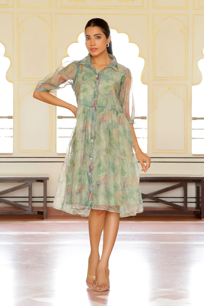 Vaasva Women Green Organza Marble Printed Dress | Grocsy