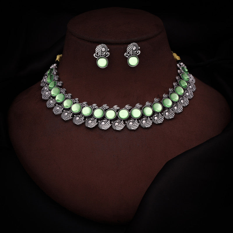 Tehzeeb Creations Silver Plated See Green Colour Stone Jewellery Choker Necklace Set With Matching Pair of Stud Earrings | Grocsy