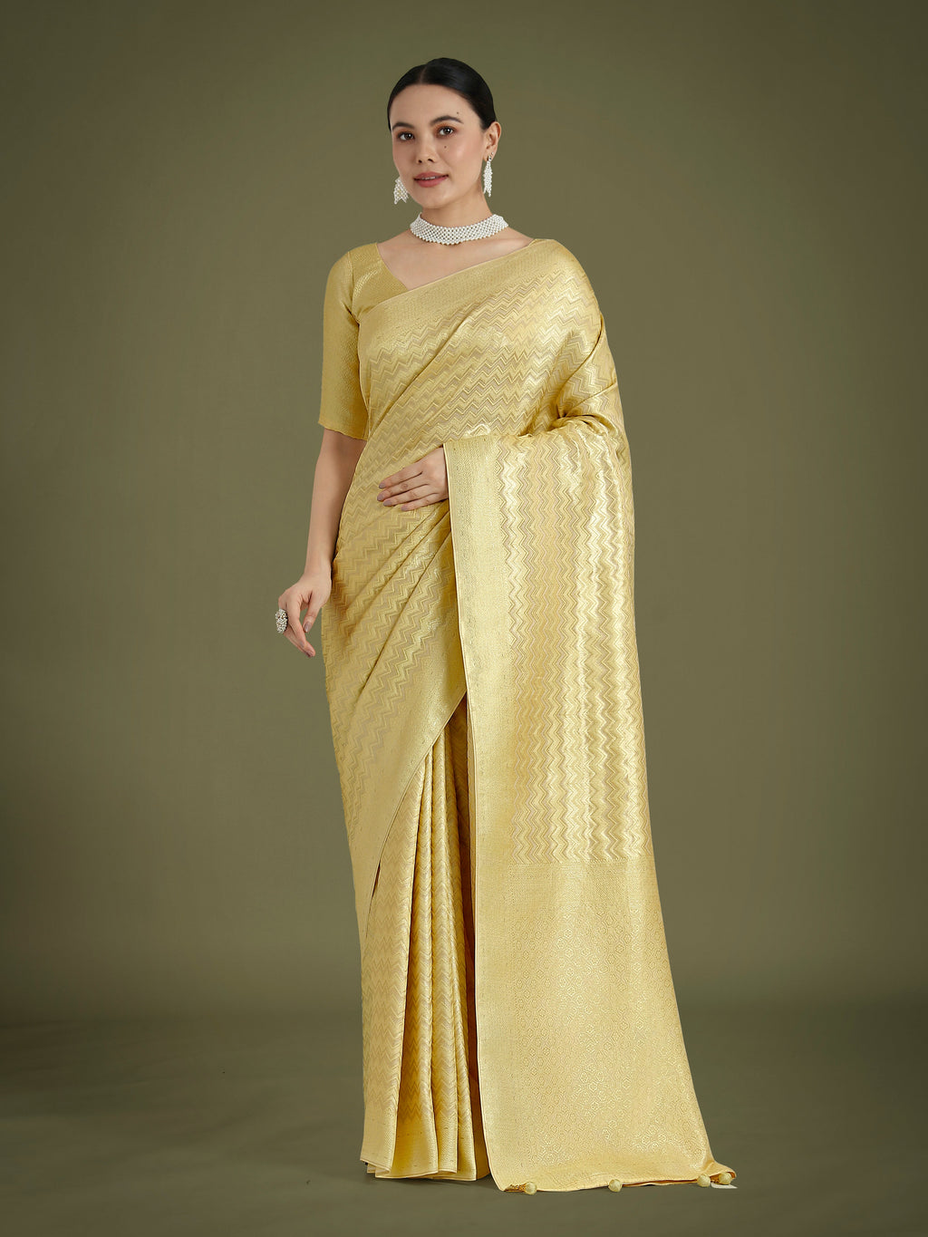 Monjolika Fashion Wonderful Light Yellow Soft Banarasi Satin Silk Leheriya Design Saree | Grocsy