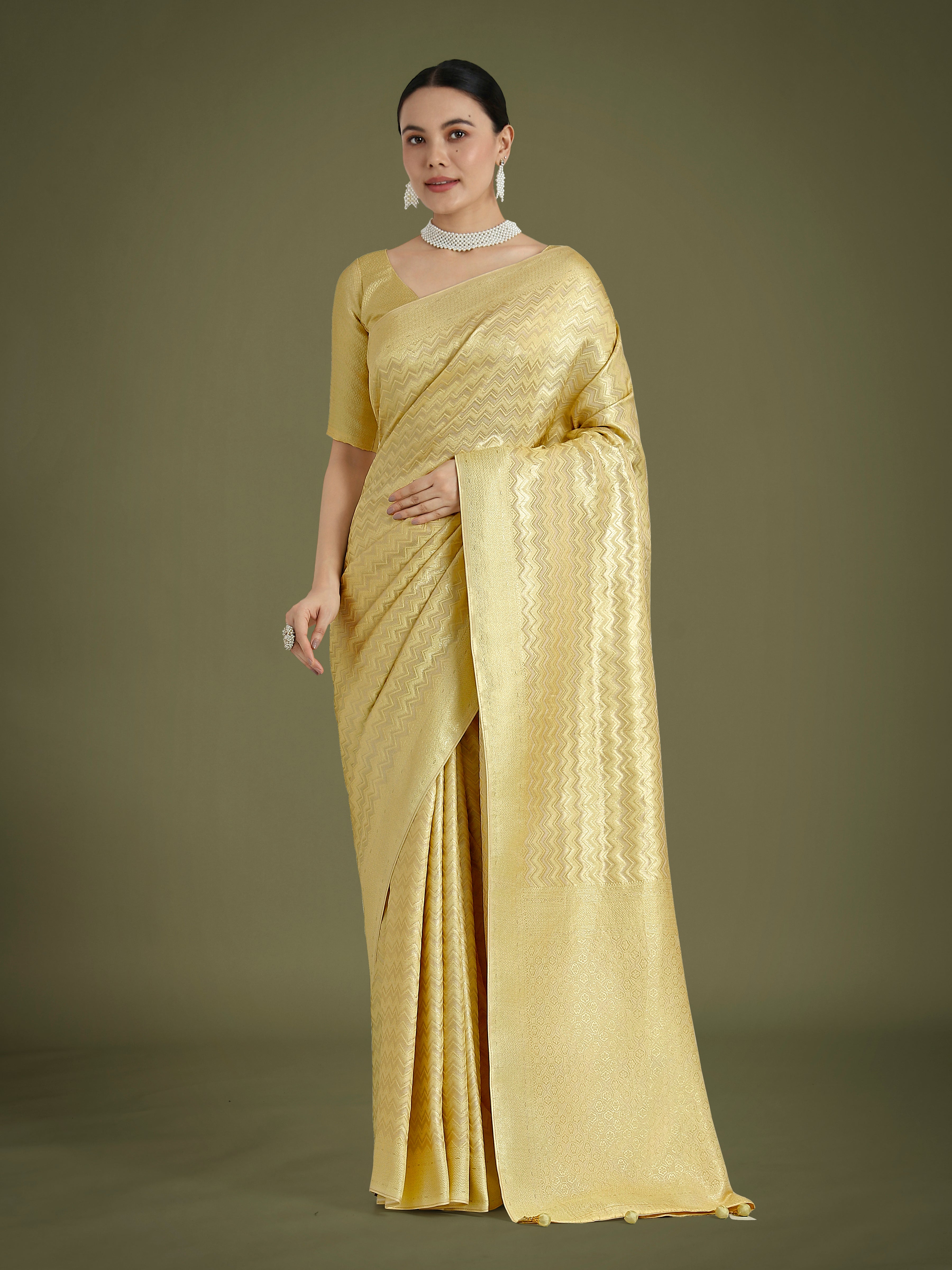 Monjolika Fashion Wonderful Light Yellow Soft Banarasi Satin Silk Leheriya Design Saree | Grocsy