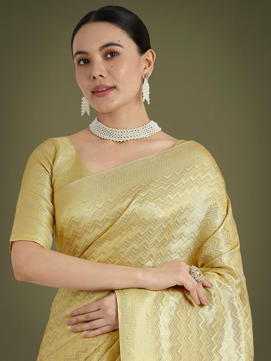 Monjolika Fashion Wonderful Light Yellow Soft Banarasi Satin Silk Leheriya Design Saree | Grocsy