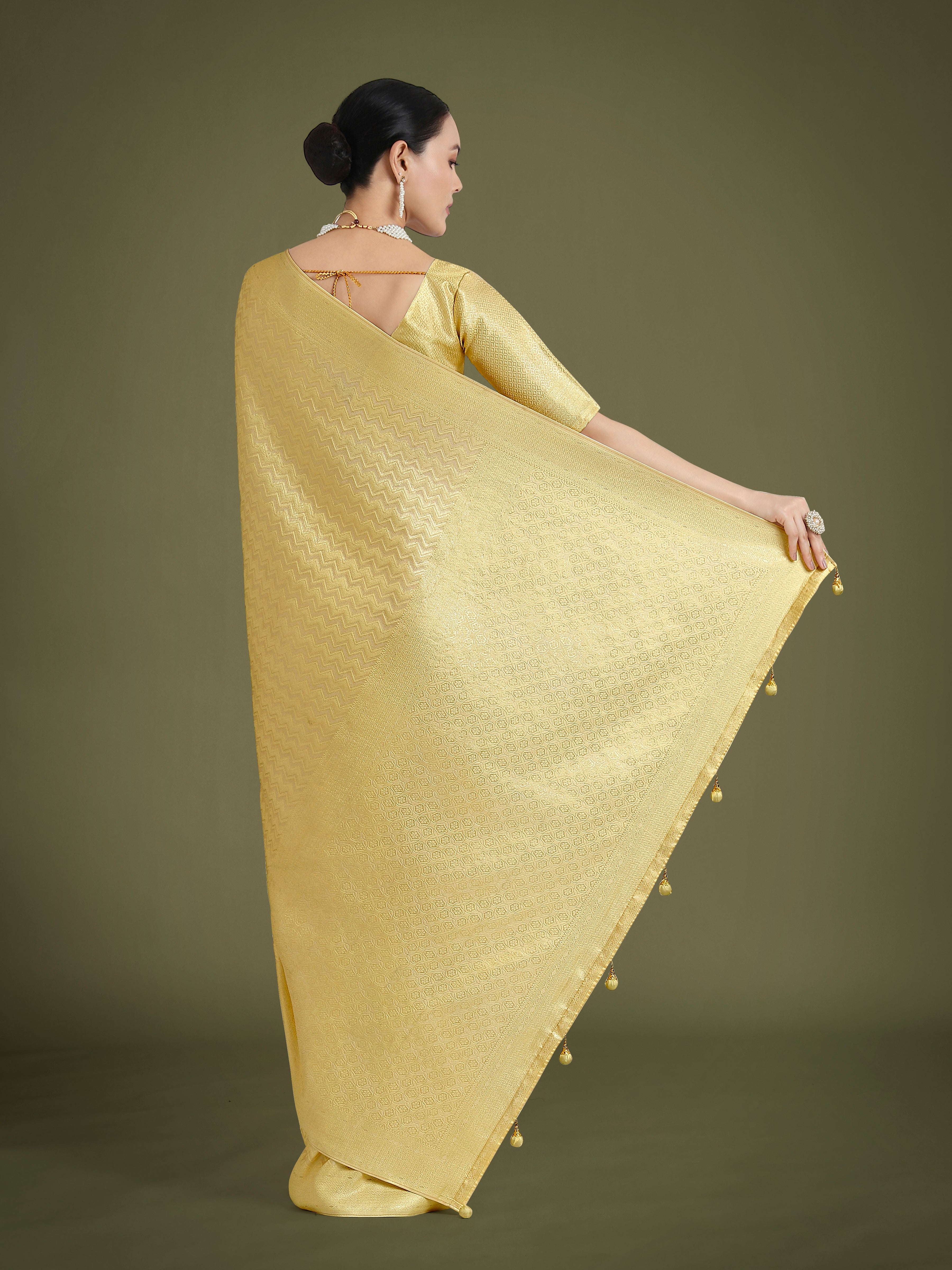 Monjolika Fashion Wonderful Light Yellow Soft Banarasi Satin Silk Leheriya Design Saree | Grocsy