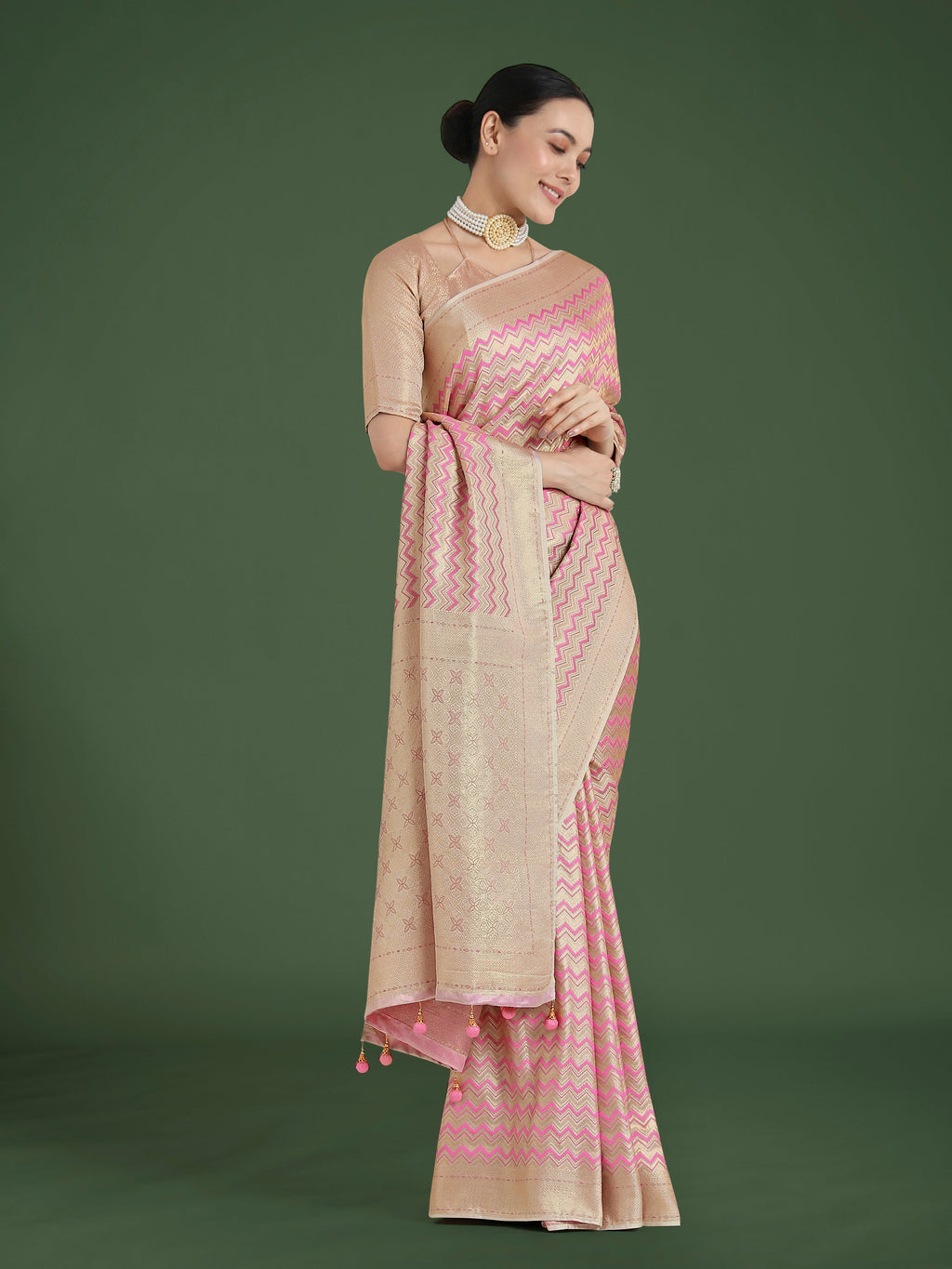 Monjolika Fashion Wonderful Light Pink Soft Banarasi Satin Silk Leheriya Design Saree | Grocsy