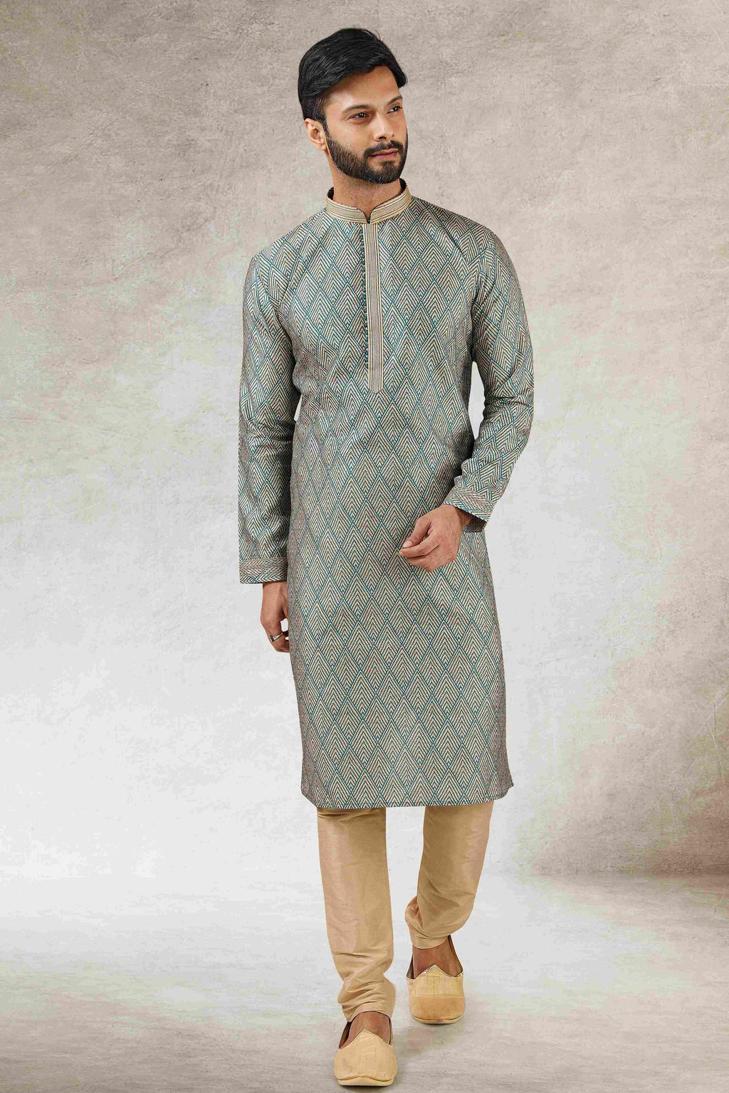 Raivat Ethnic Art Silk Printed Work Kurta Pajama In Green Colour | Grocsy