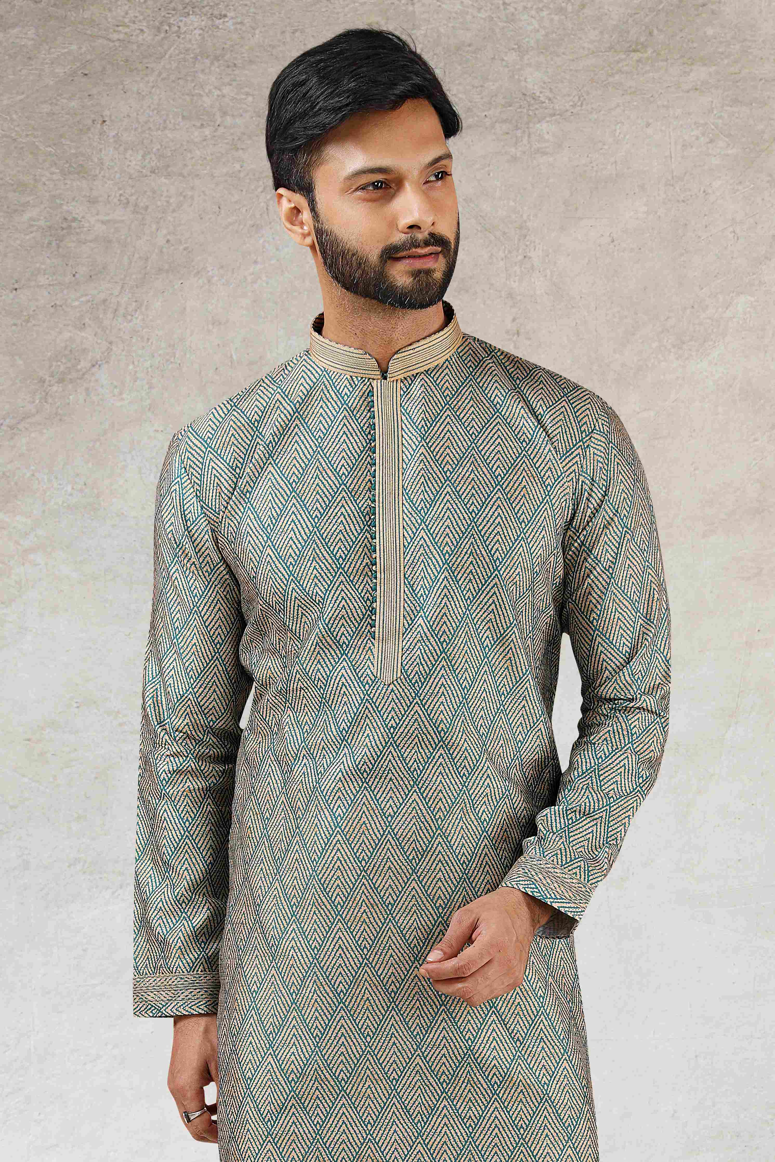 Raivat Ethnic Art Silk Printed Work Kurta Pajama In Green Colour | Grocsy